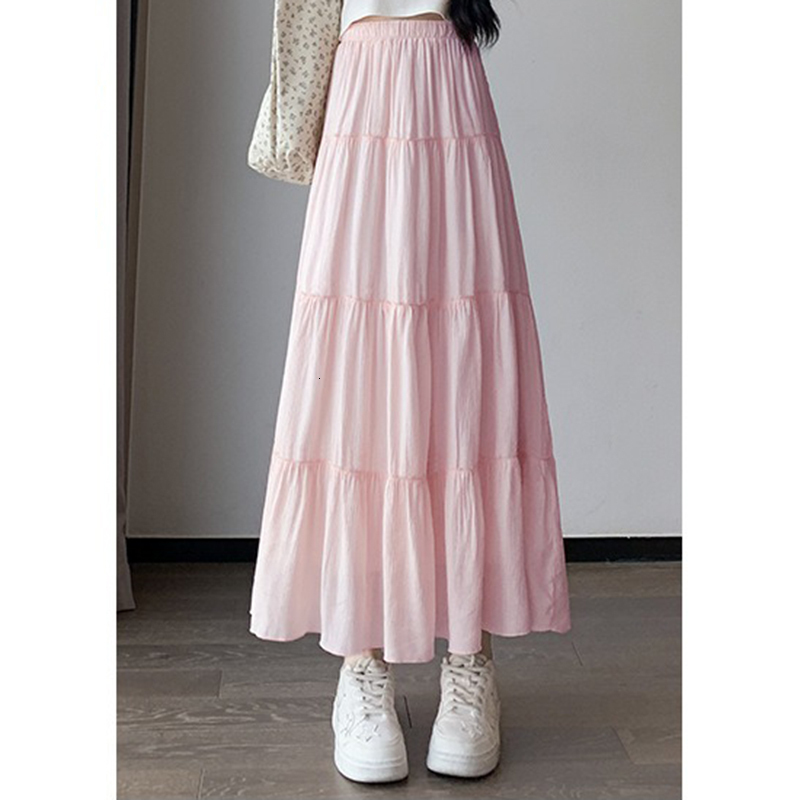 Summer Girls High Waist Korean Basics Sim Fit Skits Lady Pleated Long Skirts Woman Sweet White Pink Mori Girl Style A e Dress