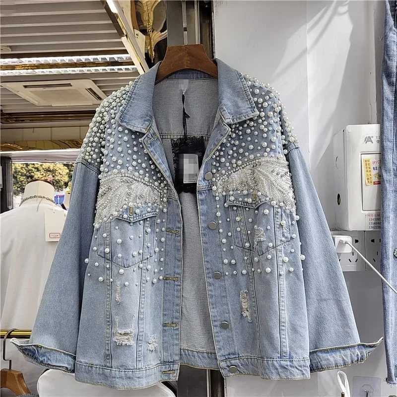 Spring Women Pearls Beaded Denim Coat Lace Floral Embroidered Jeans Jacket Short Cowboy Cardigan Streetwear Tops Jaqueta 2023X240920