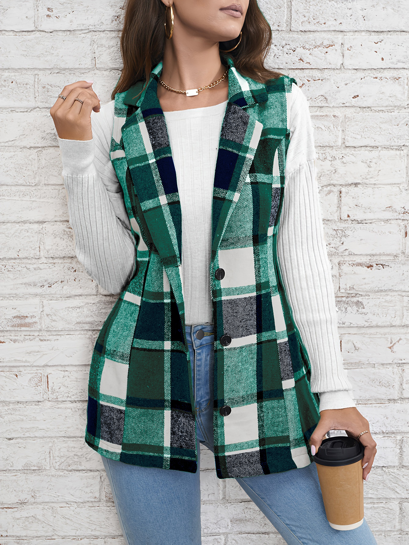 Europe America Hot selg women's elegant commuting lapel single breasted multicolored plaid spring and autumn vest