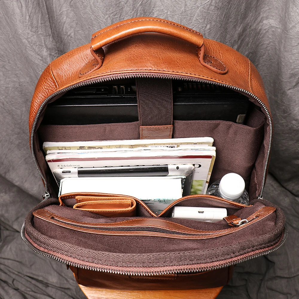 ZRCX genuine leather mens backpack 14 inch laptop backpack travel school backpack mens fashion backpack brown denim backpack 240918