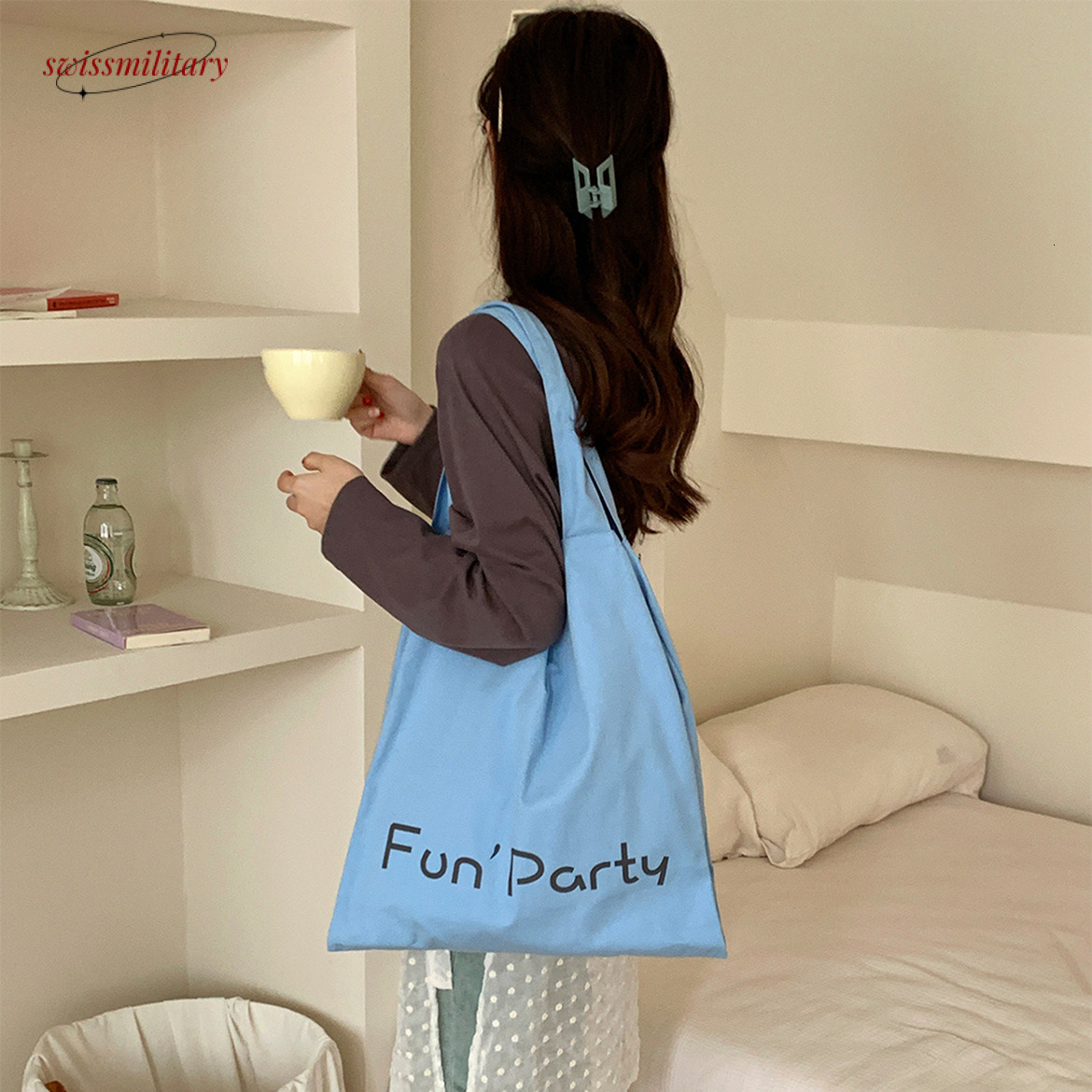 Small niche letter printed canvas Korean girl spring/summer cream colored large capacity cloth bag, college student class bag #19 Swissmilitary