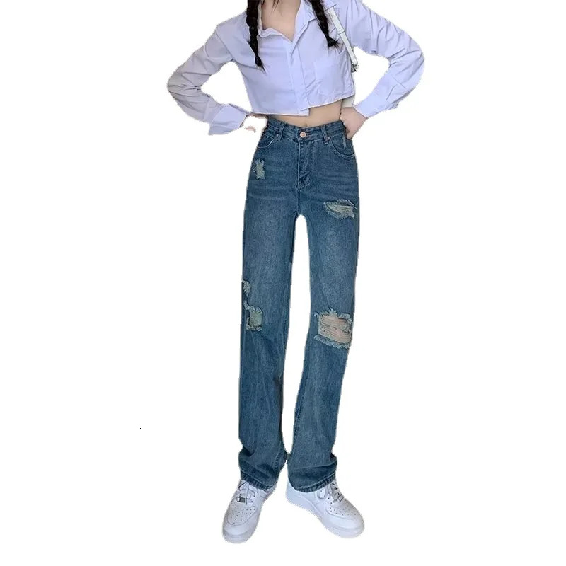 2026 High waisted Straight leg Ripped Jeans Women s Autumn New Loose fit Draped Wide leg Dragging Pants Wholesale