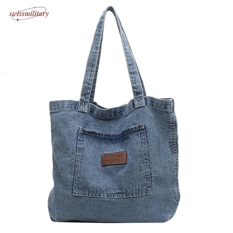 Korean Dongdaemun Lazy Denim 2024 New Emed Letter Texture Single Shoulder Tote Bag #25 Swissmilitary