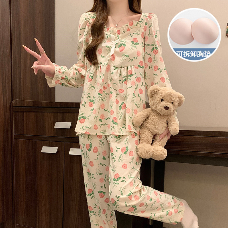 Women's with chest cushion autumn and winter new home clothes cloud cotton outer wear simple casual women's sleepwear