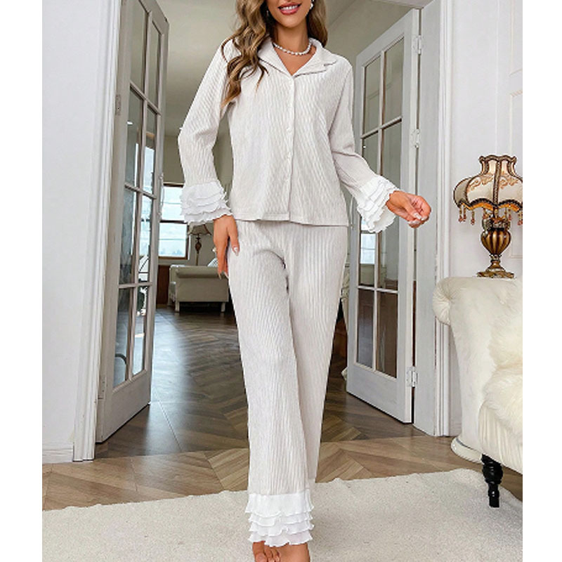 2024Sweet lace sleepwear women's for early autumn, new high-end style with a single breasted lapel and long sleeved home outfit, two-piece set