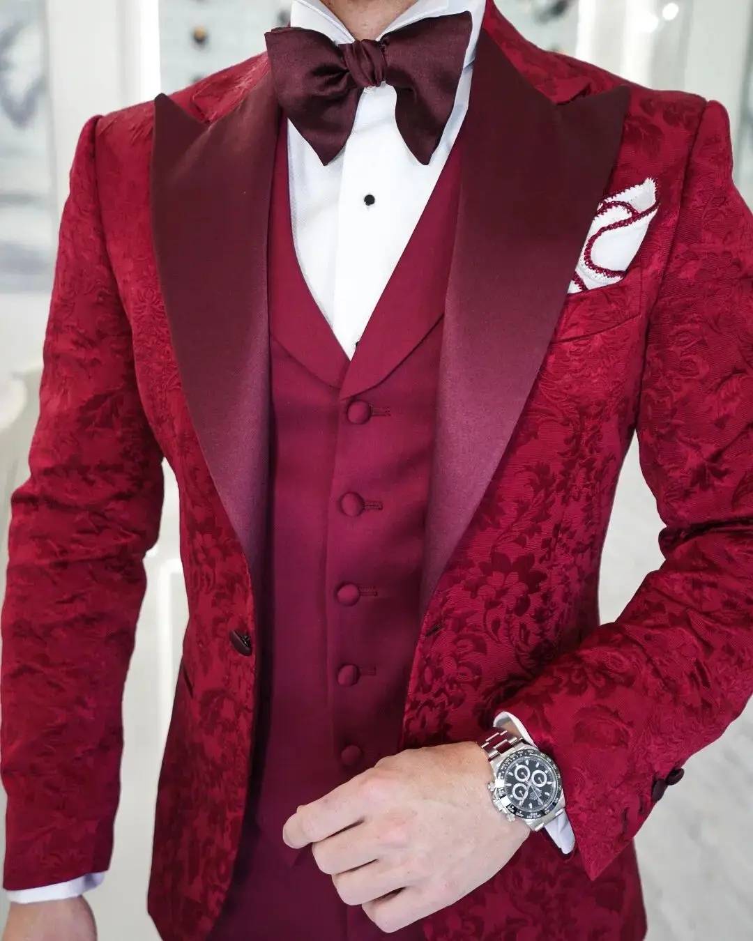 Fashion Wedding Suits Peaked Lapel Jacket 3 Piece Set Jacquard Men's Tuxedo Tailored Unique Designe Dinner Prom Groom Blazer Custom Made(Coat+Pan