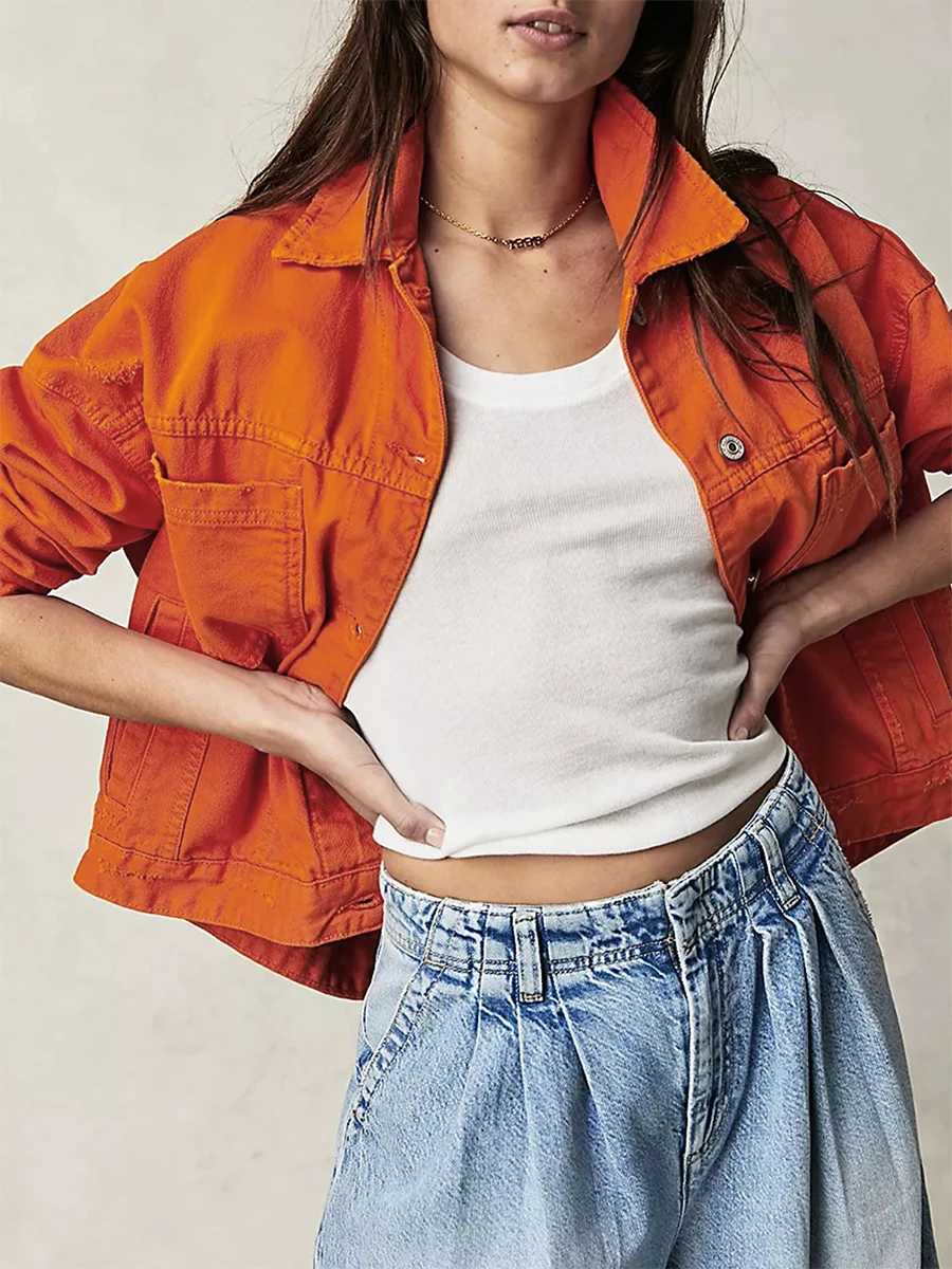 Women Denim Jacket with Pockets Long Sleeve Turn-down Collar Button Closure Solid Color Spring Fall Loose Coat StreetwearX240920