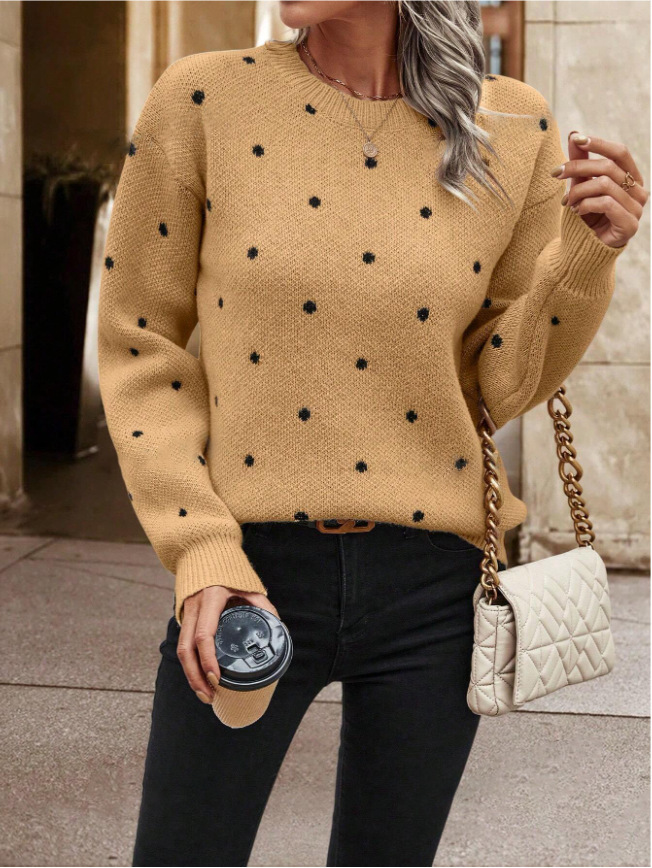 dongdumaoyi Women's sweaters, fashionable round neck long sleeved pullover sweaters, women's polka dot jacquard knitted sweaters F0920#38