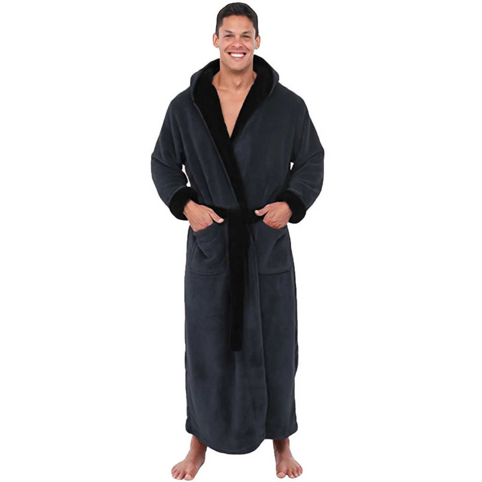 Mens Winter Plush Bathrobes 2023 Winter Lengthened And Thickend Shawl Night Gown Clothes Hooded Long Sleeved Pajama Loungewear Y240919