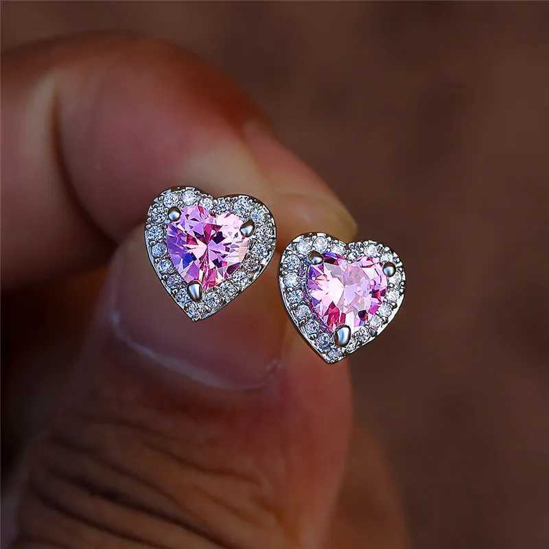 Dainty Female Rainbow Crystal Jewelry Charm Silver Small Stud Earrings Cute Heart Zircon Wedding Earrings W240919