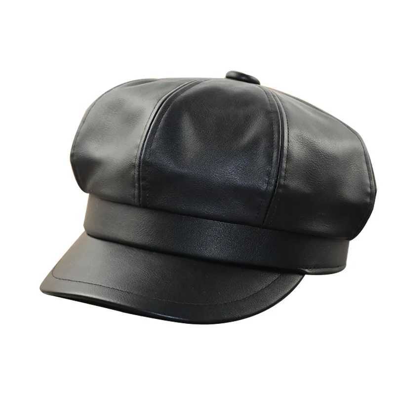 Women Fashion Leather Newsboy Caps Black PU Octagon Hat Man Big Size Beret 54cm 56cm 57.5cm 59cm 61-62cmX240919