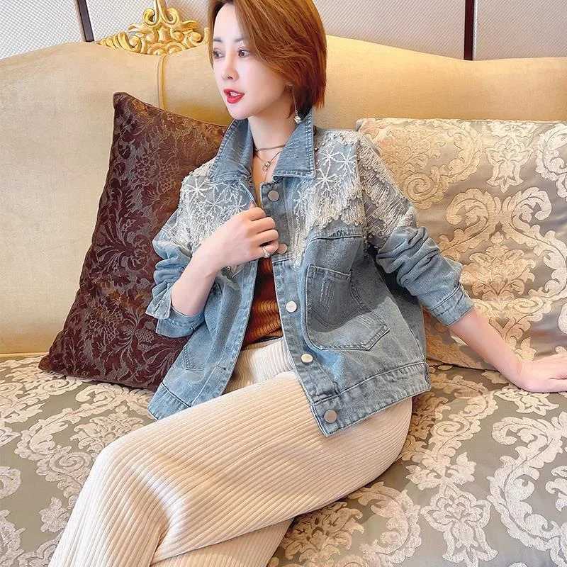 Sequin Small Patchwork Female Jeans Coat Diamonds with Rhinestones Crop Short Womens Denim Jackets Outerwears Spring AutumnX240920