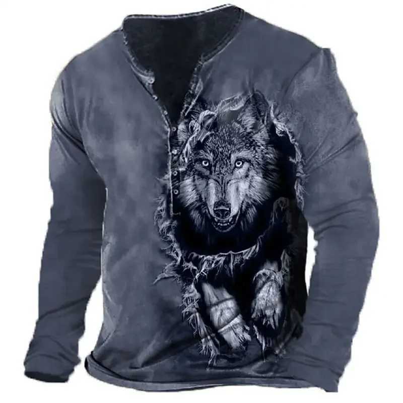 Vintage T-Shirt For Men Graphic T Shirts Wolf Cotton Mens 3D Printed Henley Shirt Long Sleeve Oversized Tee Male Clothing TopsX240919