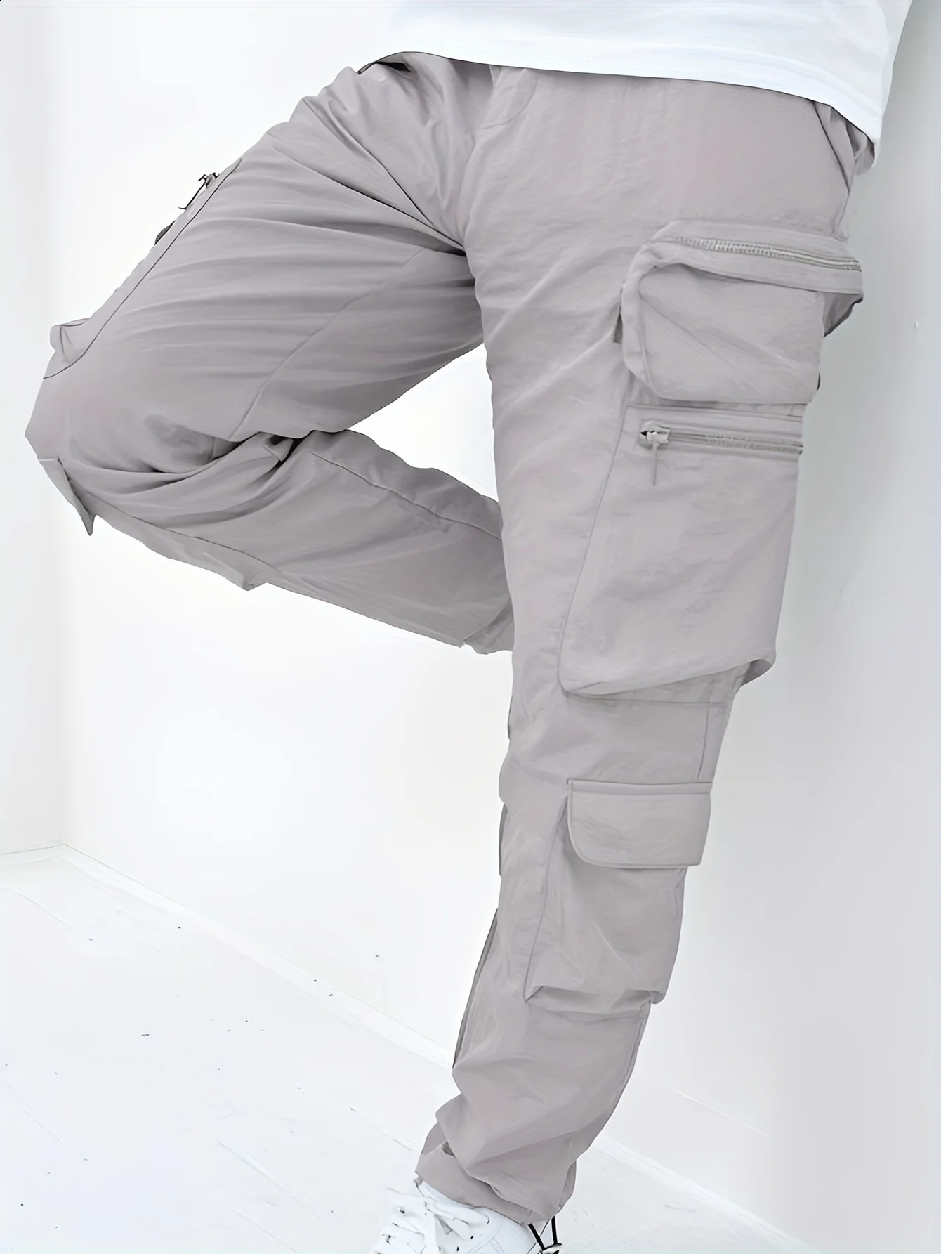 Mens Lightweight SlimFit Pleated WaterlessWash Fabric Asymmetric Pocket n Cargo Pants With Cuff Black Light Grey 240910