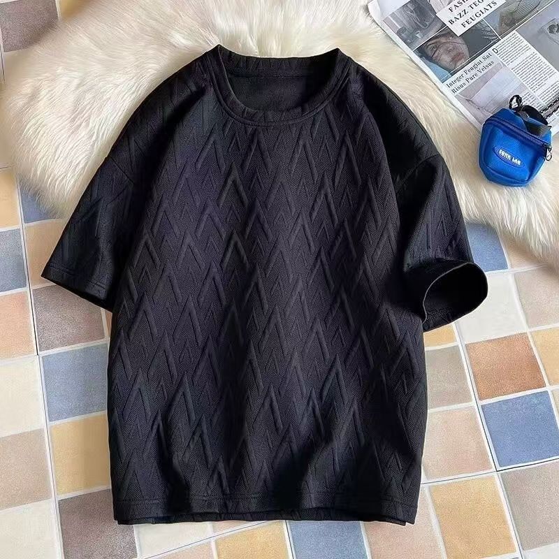 Advanced Jacquard T-shirt men's fashion brand summer plus size heavy short sleeve American high street five and a half sleeves.
