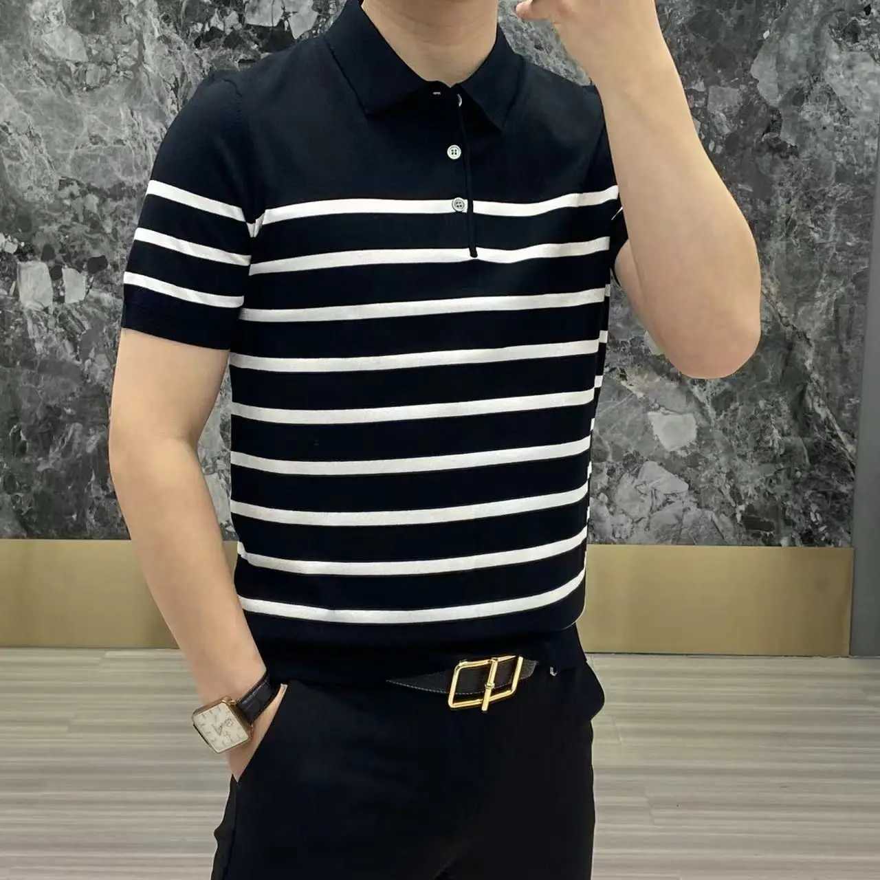 Korean Clothing Smart Casual Splicing Stripe Slim Polo Shirts Summer Men Knitted Streetwear Fashion Short Sleeve Versatile TopsX240920
