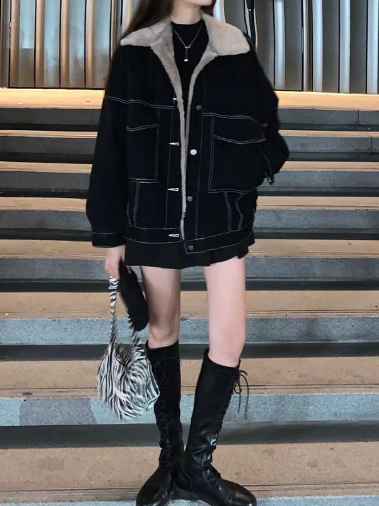 New Korean Fashion Winter Women Coat Warm 2023 Lapel Denim Thick Jacket Casual Work Clothes Cotton Padded Jackets for Women TopsX240920