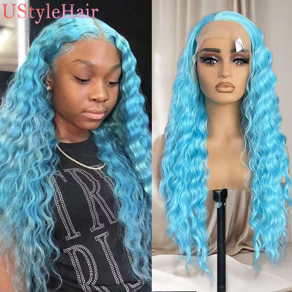 Ustylehair Blue Deep Wave Heat Resistant Long Curly Hair Synthetic Lace Front For Women Daily Use Cosplay Wig