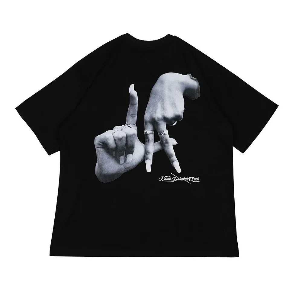 Handmade finger cross print white summer black Y2K mens and womens short sleeved T-shirt CL240913