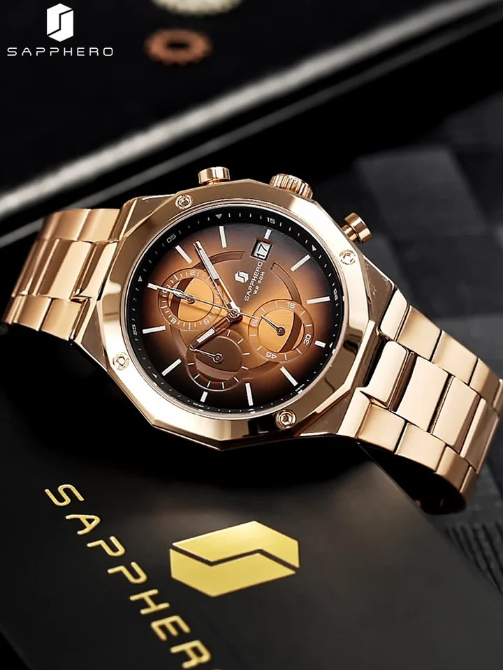 SAPPHERO Rose gold Chronograph Mens Watch Stainless Steel Quartz Watch Business Waterproof Luminous Calendar Wristwatch 240909