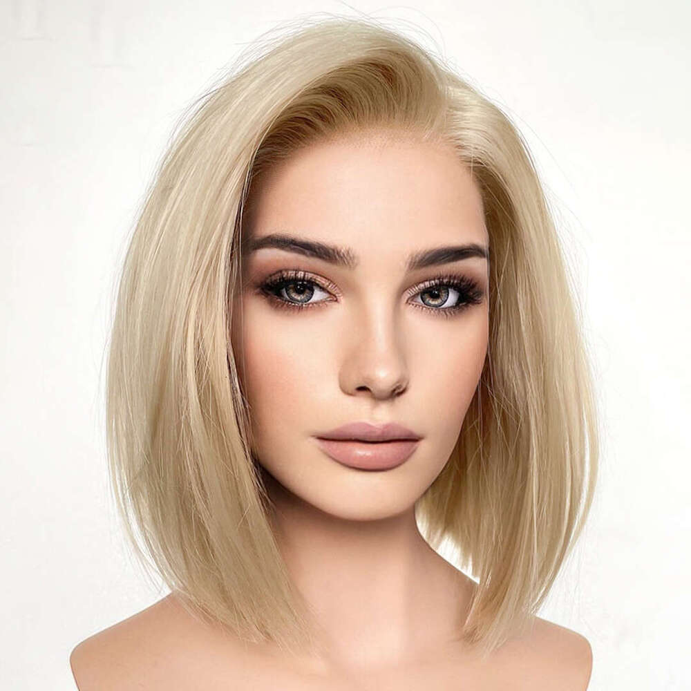 Sy Beauty Short Bob Champagne Blonde Silky Straight Front Synthetic Hair For Black Women Transparent Lace Wigs