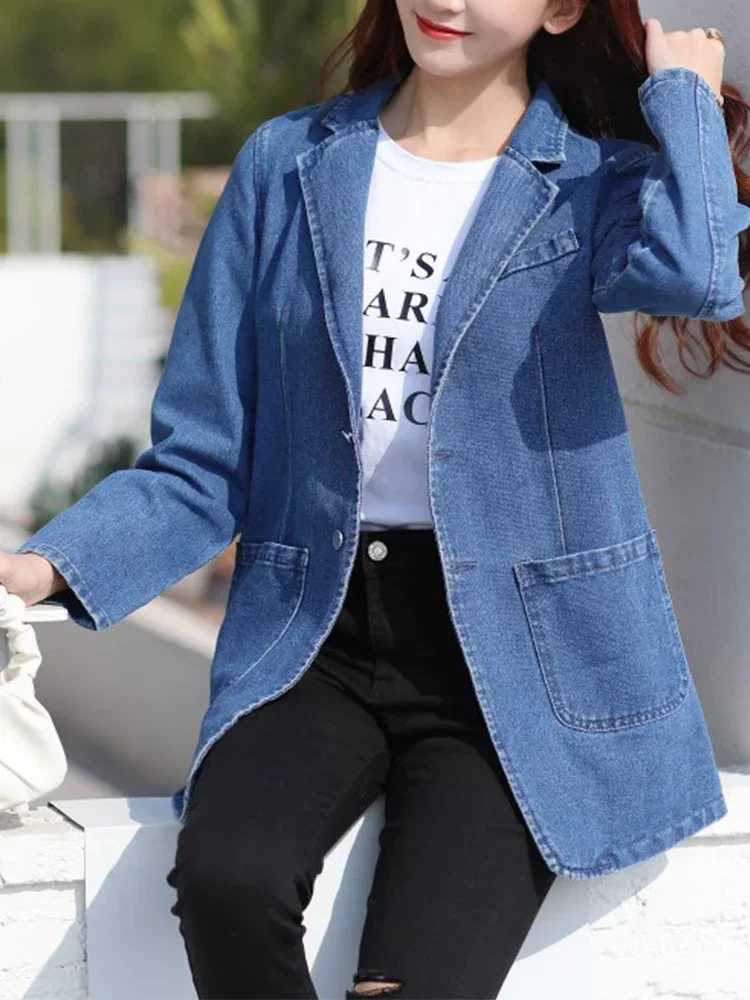 Fashion Denim Jacket Lapel Single Breasted Denim Jacket Lady Vintage Casual Pockets Solid Color Jean Blazer Spring Autumn WomenX240920