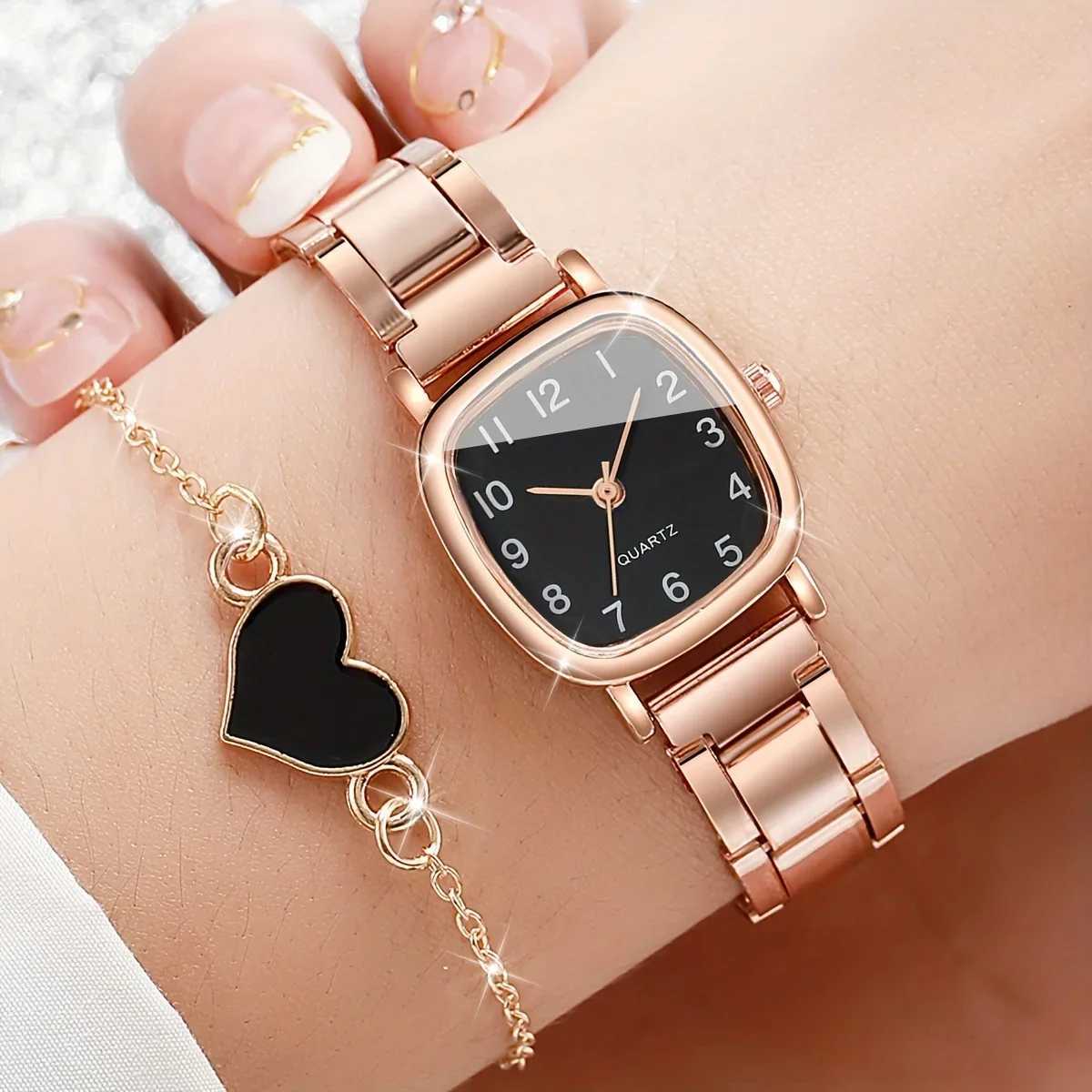 2pcs/set Womens Minimalist Square Quartz Watch Analog Steel Band Wrist Watch Heart Bracelet Valentines Day Gift For HerX240920