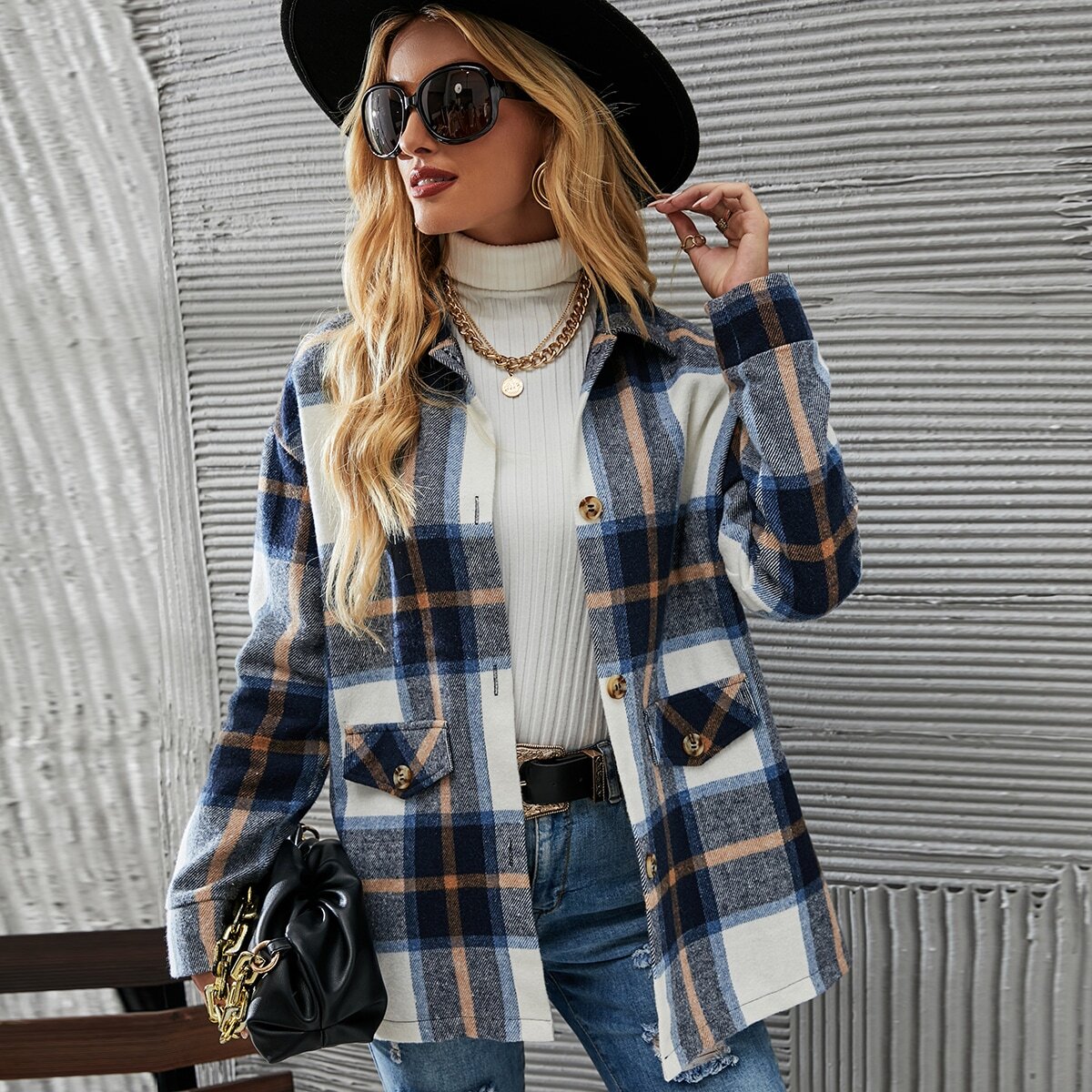 European American cross-border women's fashionable and elegant plaid printed button coat