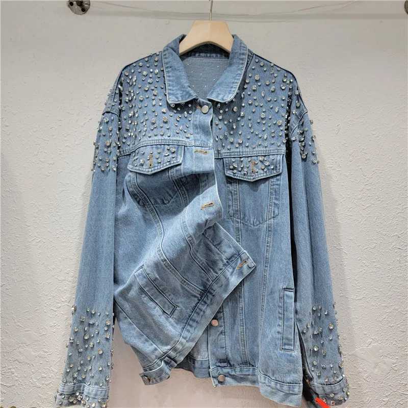Women Diamonds Beaded Denim Jacket Retro Washed Crystal Jeans Coat Long Sleeved Rhinestones Cowboy Cardigan Single Breasted TopsX240920