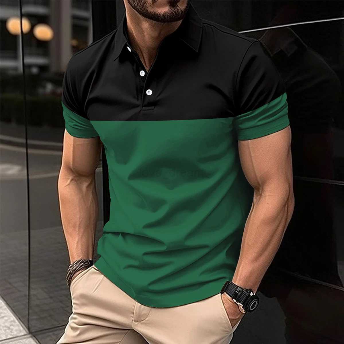Mens casual short-sleeved polo shirt Fashion lapel button down shirt mens breathable T-shirt double color topXJ240920