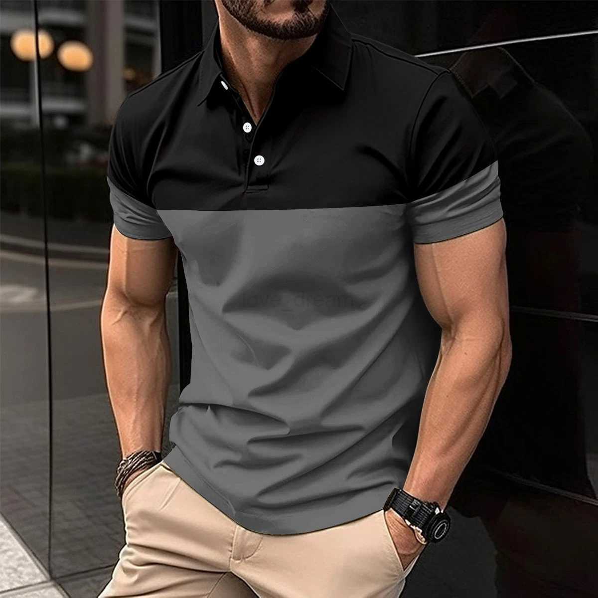 Mens casual short-sleeved polo shirt Fashion lapel button down shirt mens breathable T-shirt double color topXJ240920