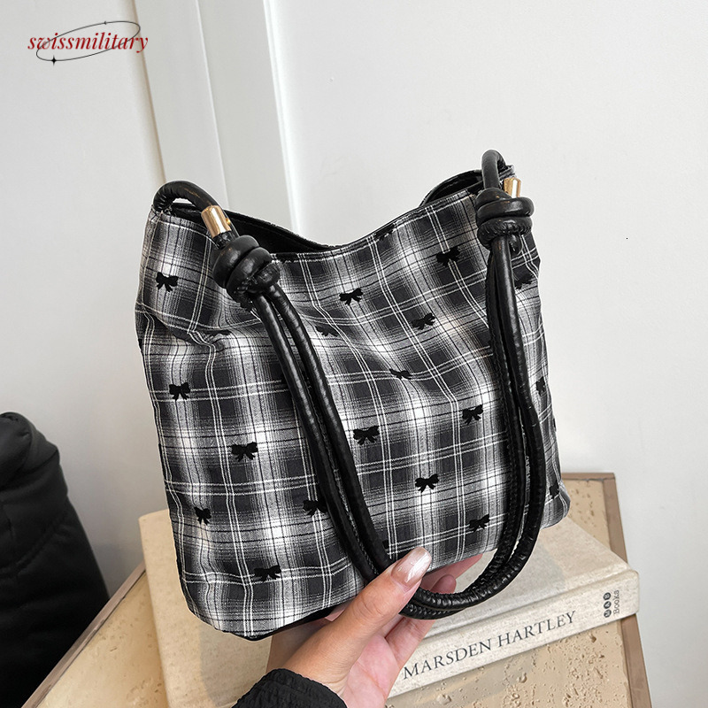 Small niche design checkered contrasting color women's 2024 new simple and fashionable western-style bow versatile single shoulder bucket bag #12