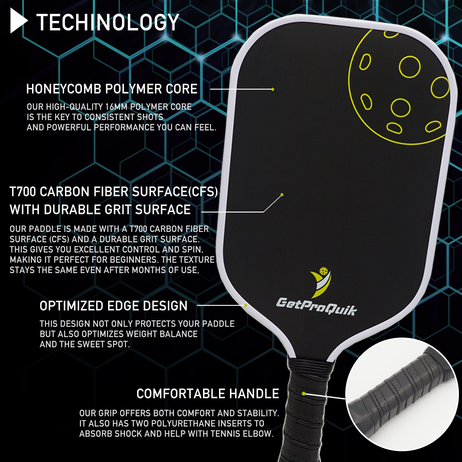 GetProQuik Switch Pickleball Paddle T700 Carbon Fiber Surface with Durable Grit Surface 16MM Honeycomb Core Pickleball Racket For Beginners