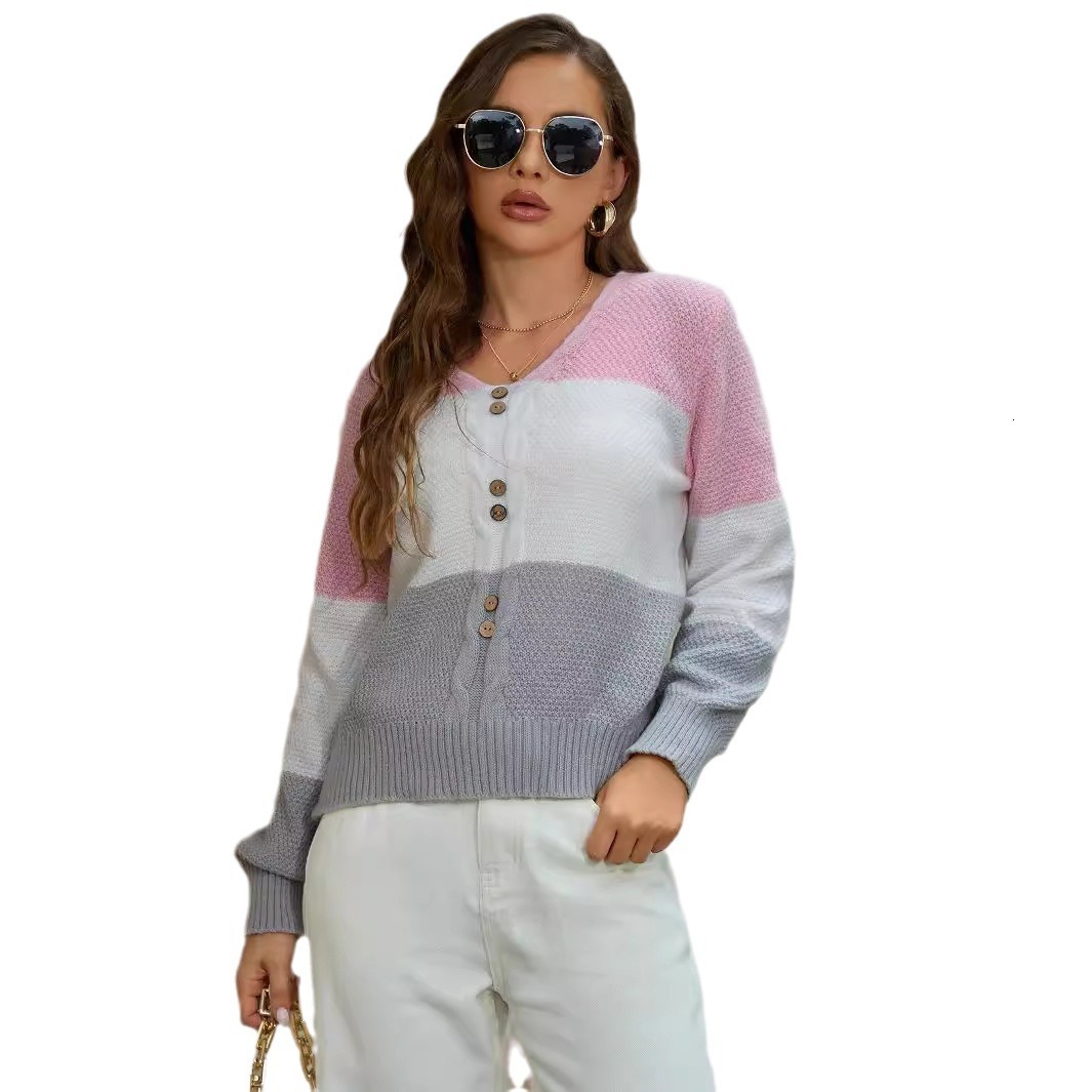 Women's V-neck long sleeved fake button color blocked pullover knitted sweater top F0920#40 4c5e1