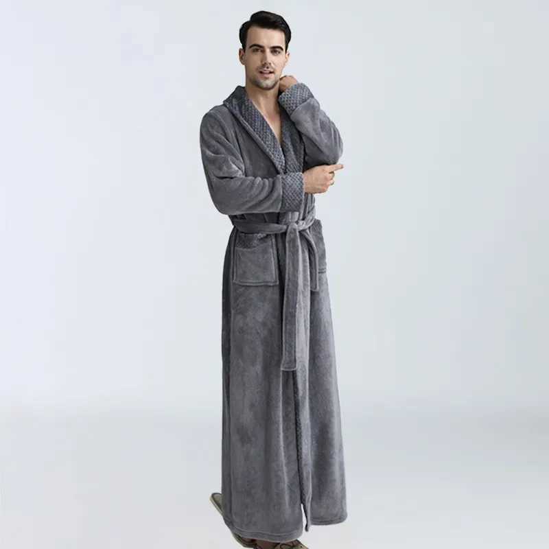 Popular Mens Sleeping Robe Autumn and Winter Coral Fleece Bathrobe Solid Color Soft Mens Bathrobe Coral Long Home Clothes Y240919