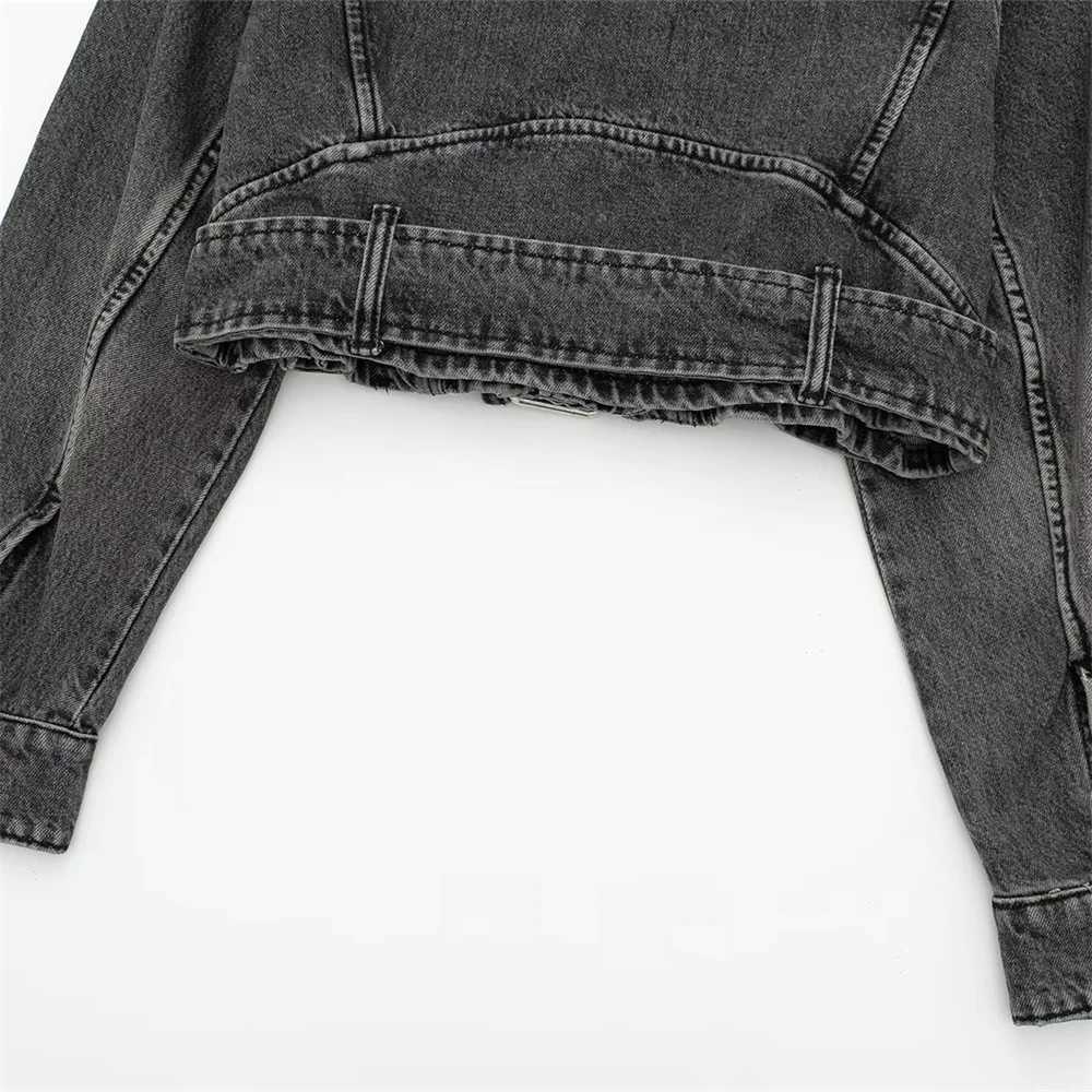 UNIZERA2023 Autumn and Winter New Womens Casual Versatile Polo Neck Motorcycle Loose Belt Denim Jacket CoatX240920