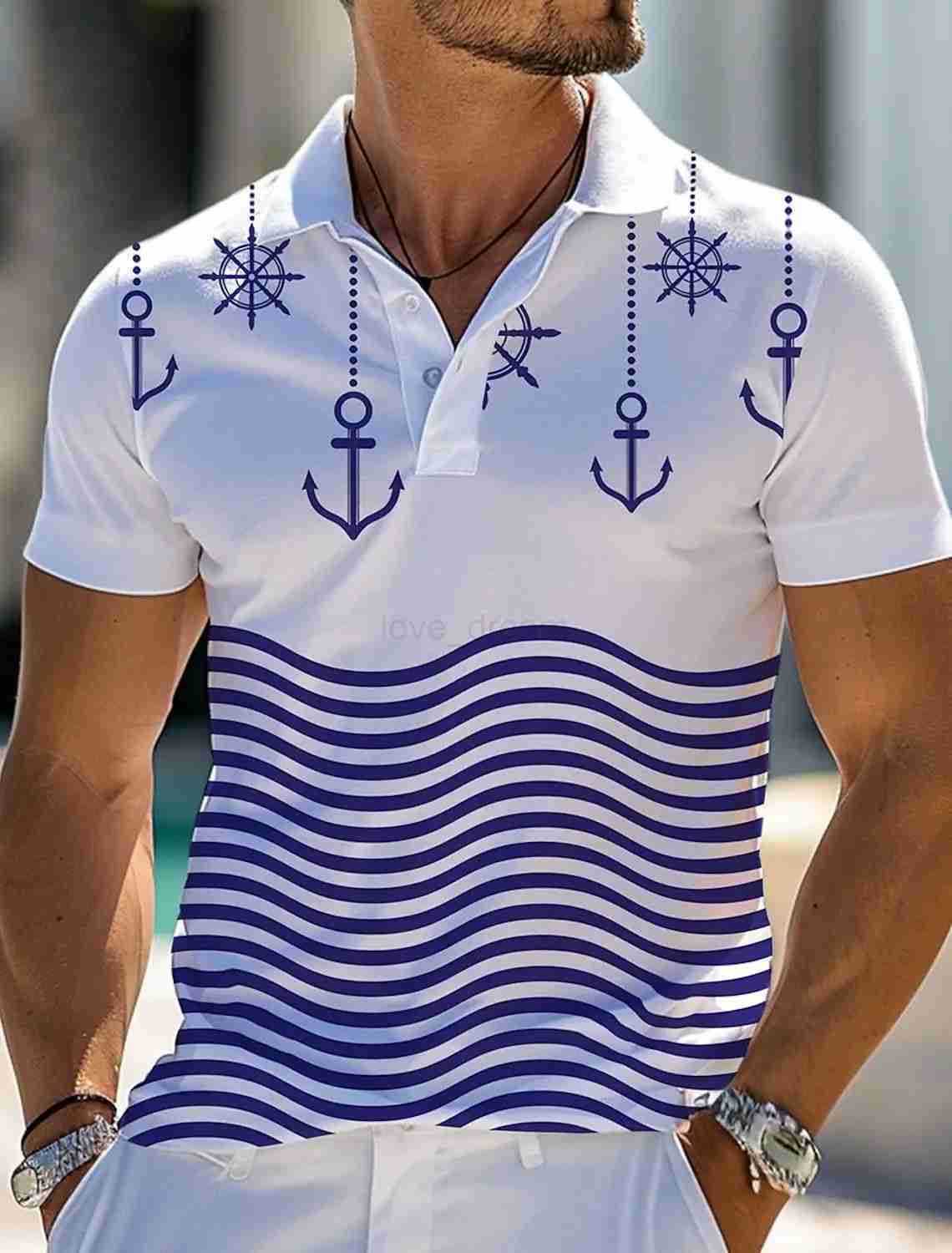 Striped Anchor Mens Casual 3D Polo Shirt Street Polyester Short Sleeve Turndown Polo Shirts Summer Micro-elastic Lapel PoloXJ240920