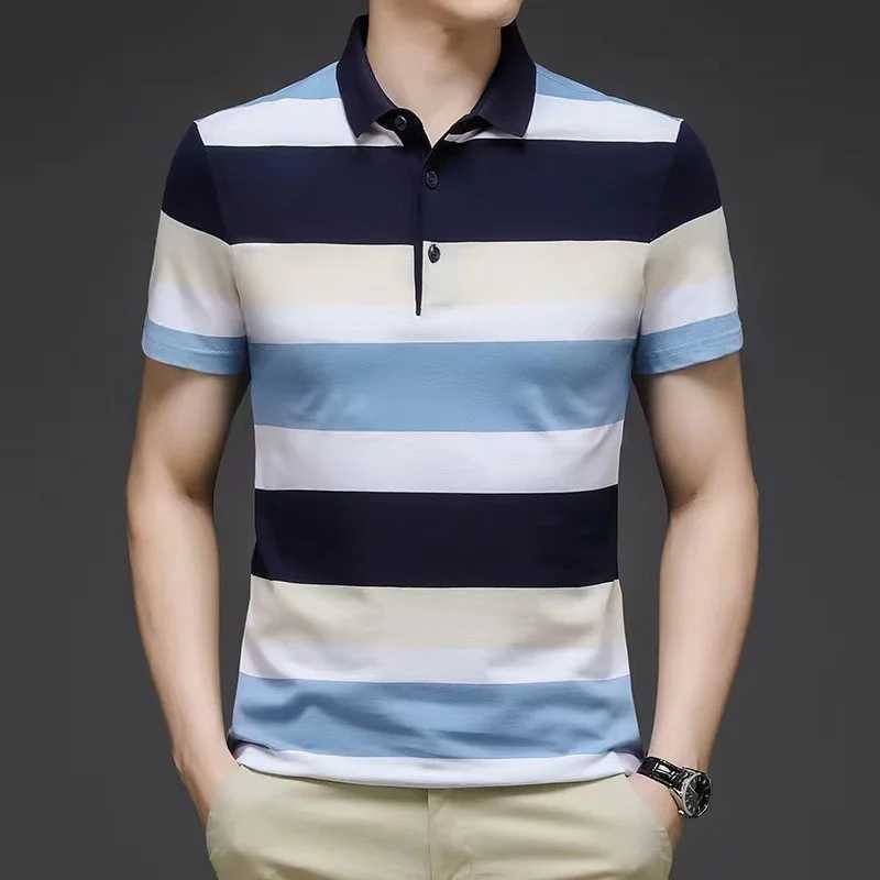 Mens Polo Shirts Korea Man Golf Shirts Summer Striped Print Button Clothing Business Style Male Streetwear Short SleeveX240920