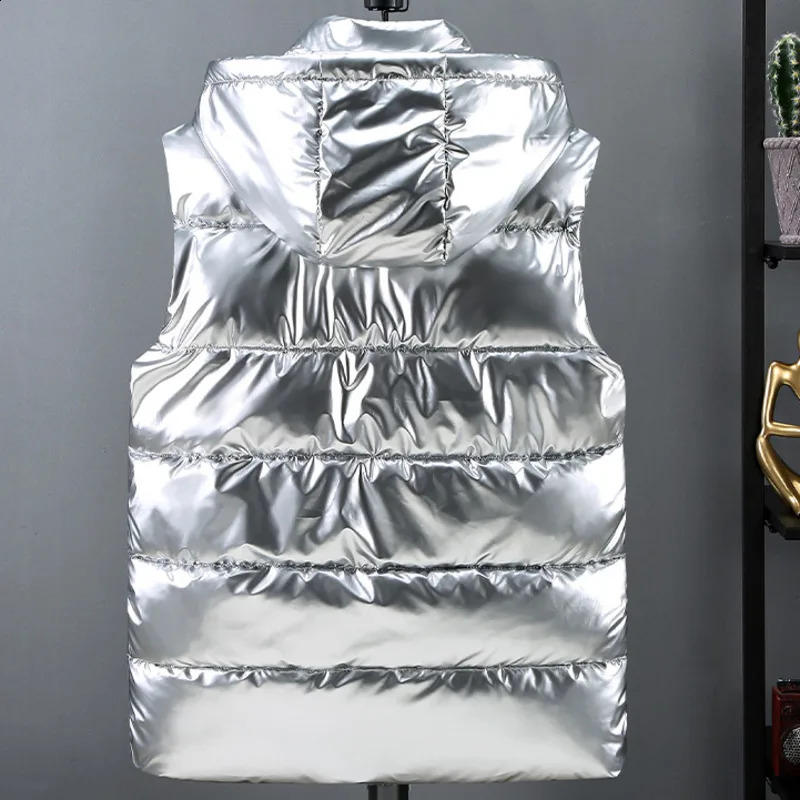 Autumn Witner Down Cotton Vest Men Black Gold Silver Sleeveless Jacket Slim Casual Hooded Vest Warm Man Vest Waistcoat 240912