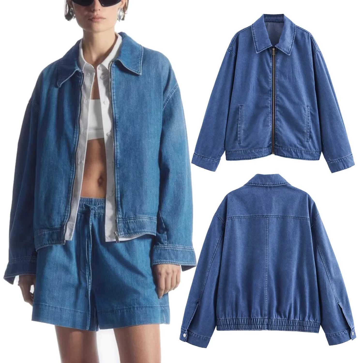 Womens new denim jacket jacket solid color loose casual versatile zippered long sleeved topX240920