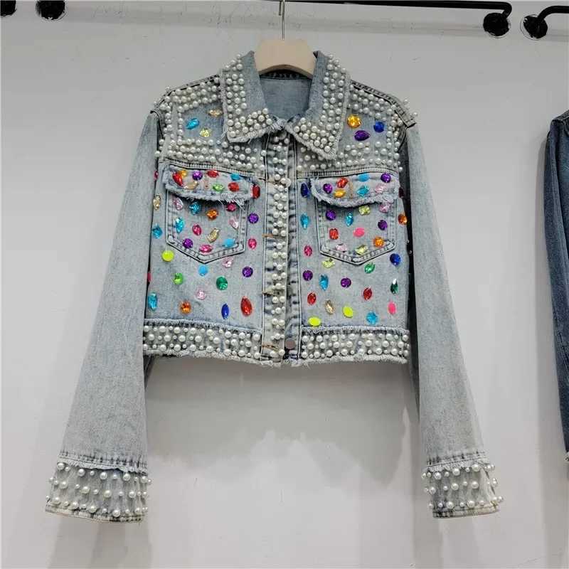 Spring Autumn Women Rainbow Diamonds Pearls Beaded Denim Jacket Rhinestones Rivets Short Jeans Cowboy Cardigan Sequined OutwearX240920