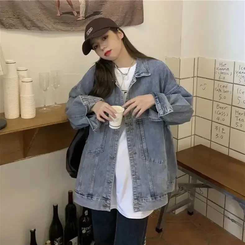Spring Autumn Womens Oversize Loose-fit Hidden Top Vintage Hongkong Style Trendy Clothing Denim JacketX240920