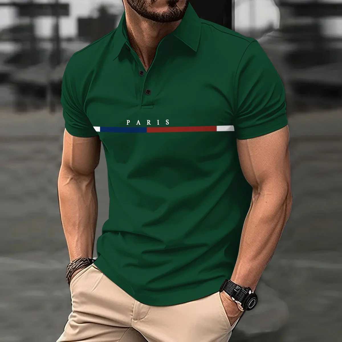 Fashionable mens new summer short-sleeved printed striped French color button lapel POLO shirt sports casual slim shirtX240920