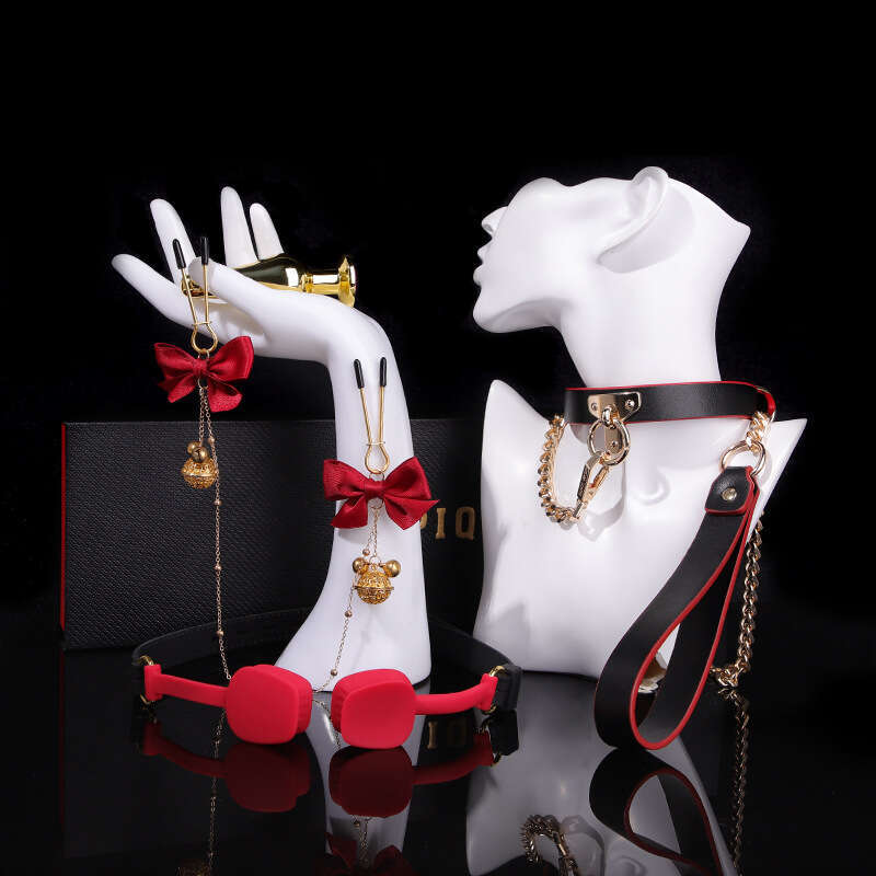 SM Sex Props 4-piece Set: Genuine Leather Traction Collar, Bell, Milk Clip, Silicone Mouth Plug, Alternative Sex Supplies, Hair Replacement