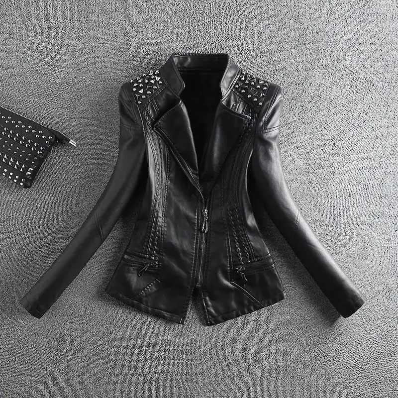 2023 Fashion Motorcycle Leather Jacket Women Spring And Autumn Rivet Coat Short Slim Coats Large size 4XLX240919