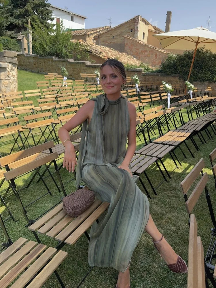 Elegant Sleeveless Lace Up Halter Maxi Dress Women Casual Round Neck Hollow Out Side Slit Dresses Summer Lady High Streetwear 240920