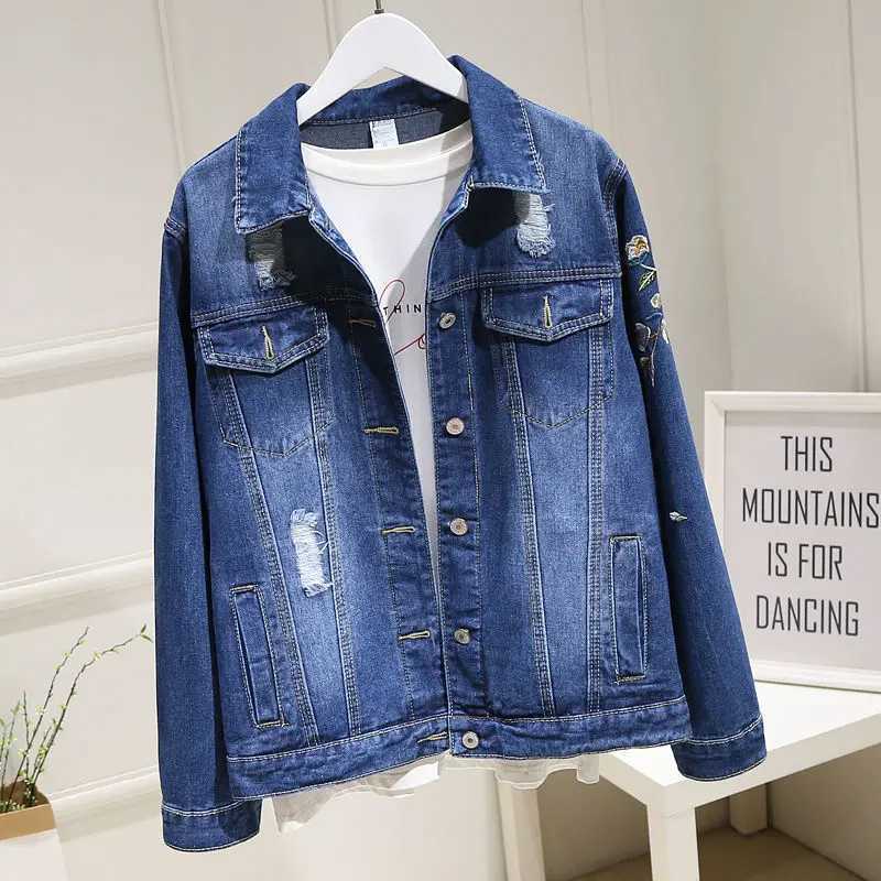 Embroidered Long-sleeved Retro Jean Jacket Womens 2022 Autumn New Lapel Loose Korean Large Size Womens Denim jackets TrendX240920