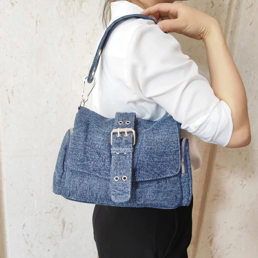 Fashion Rivet Womens Axle Bag n Handbag Lightweight Blue Denim Shoulder Cross 240919