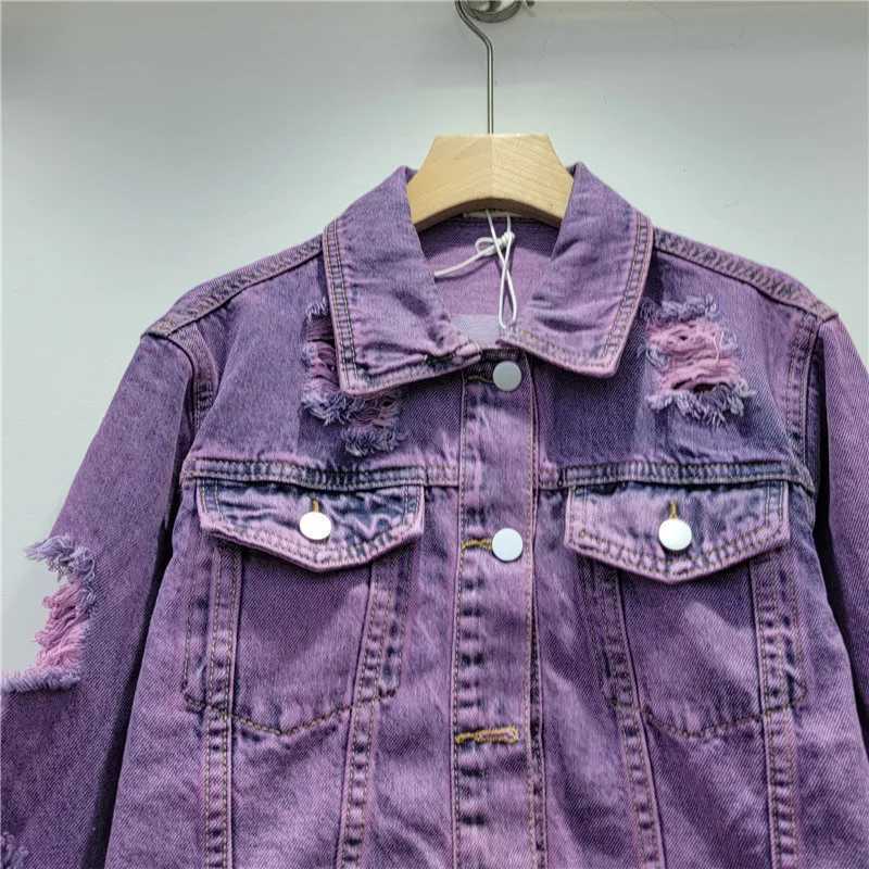 Harajuku Vintage Hole Denim Jacket Irregular Frayed Burrs Hem Purple Blue Spring Autumn New Women Short Jeans Jacket StreetwearX240920