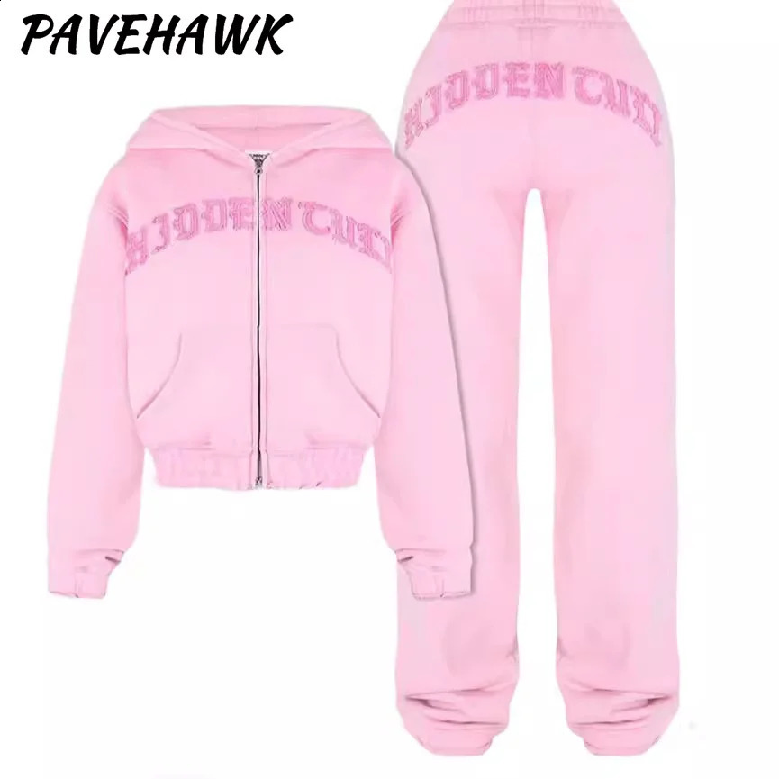 Women 2 Piece Sets Cropped Hoodies Sweatpant Casual Long Sleeve Zipper Jackets Print Hip Hop Sweatshirts Sport Y2K Tracksuit 240920